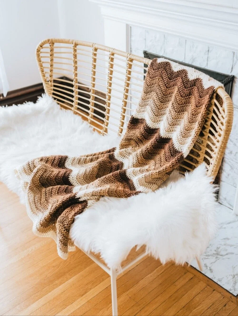 Mocha Ripple Afghan Blanket Boho Cozy Stripe Crochet Throw Blanket Brown Cottage